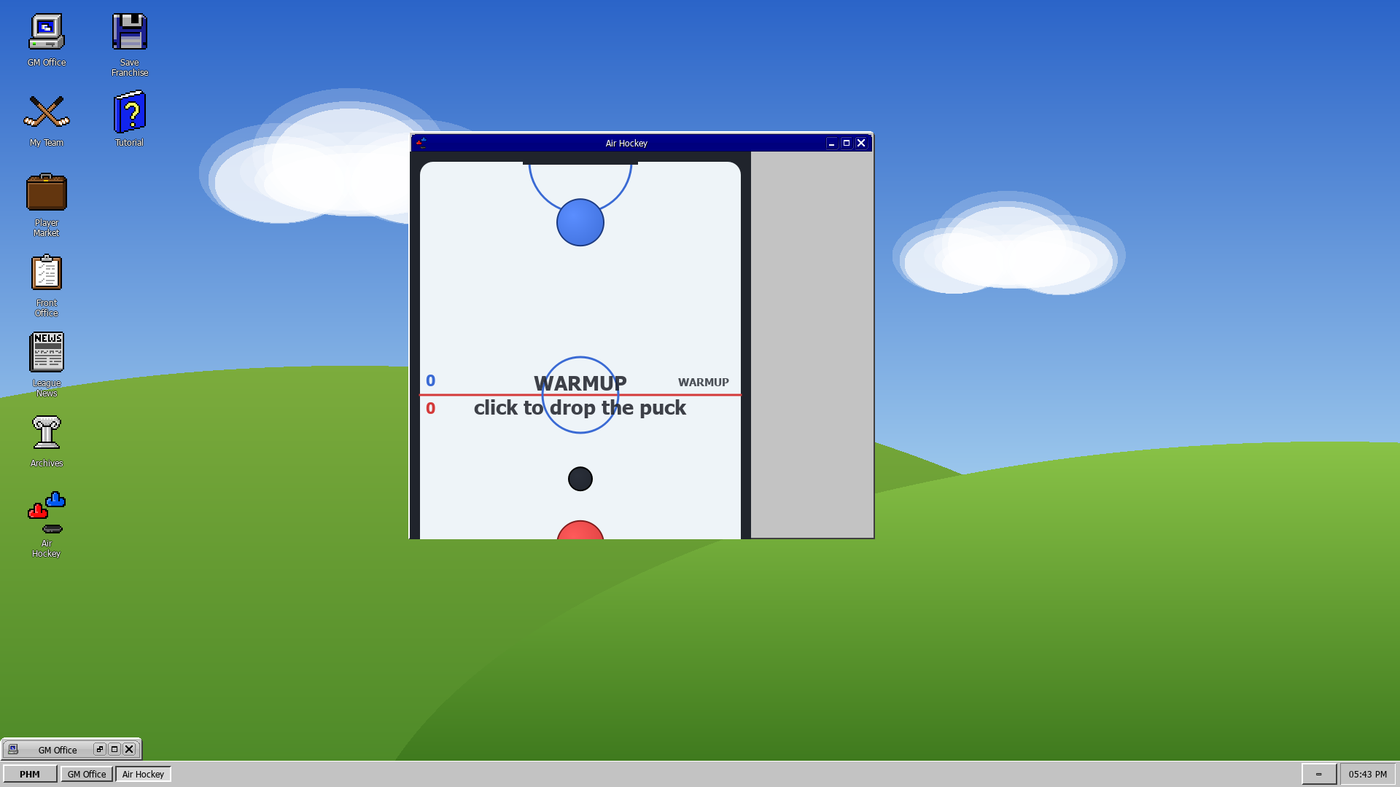 The retro desktop with the air hockey game open