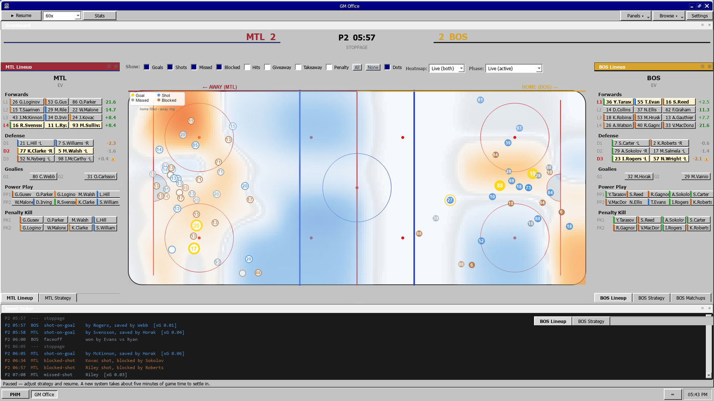 A live game with the possession-anchored rink heatmap